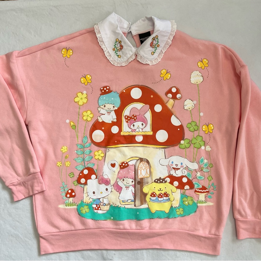 Sanrio Pastel Pink Mushroom House Collared Sweatshirt